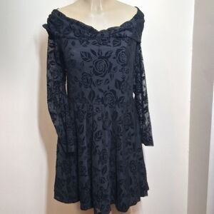 Wild Fable Whimsigoth Floral Off Shoulder Dress Black 1X Sheer Mesh Sleeves NEW